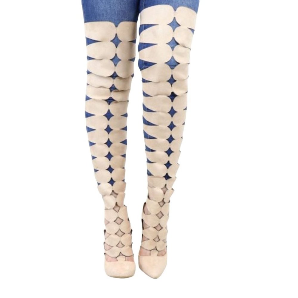 Nude Caged Thigh High Stiletto Boots